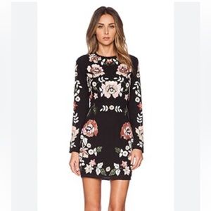 Needle & Thread Black Crepe Long Sleeve Mini Dress with Sequin Floral Pattern